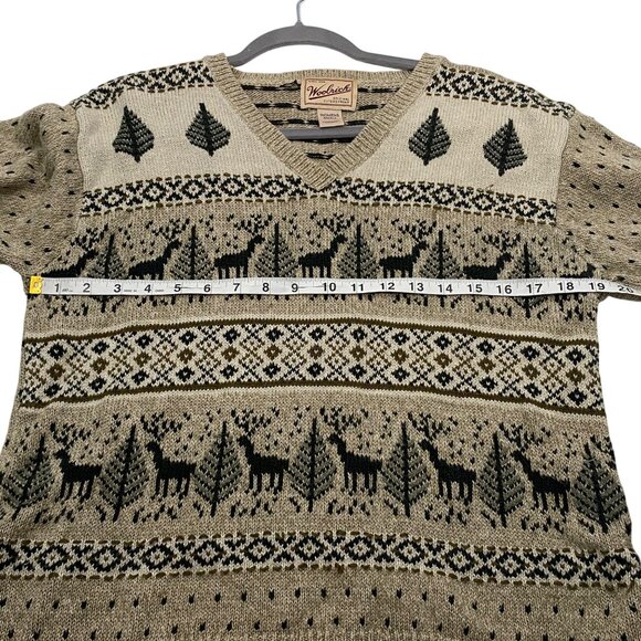 Woolrich vintage Small V-Neck Sweater novelty outdoor Deer & Tree Pattern Ramie - Picture 7 of 9